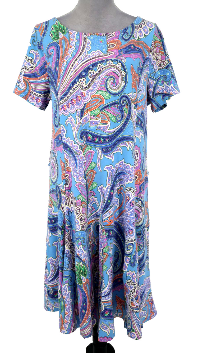 LRL Ralph Lauren Dress Plus Size 2X Blue Pink Paisley Stretch Knit Fit n Flare